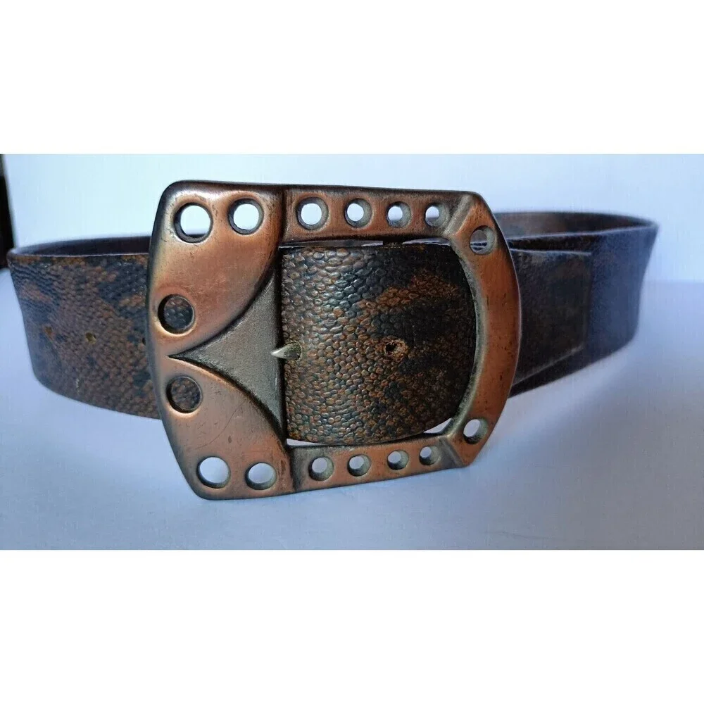 Women's Python Snakeskin Wide Belt Brass Buckle Size 32 Stamped Handsome Vintage
